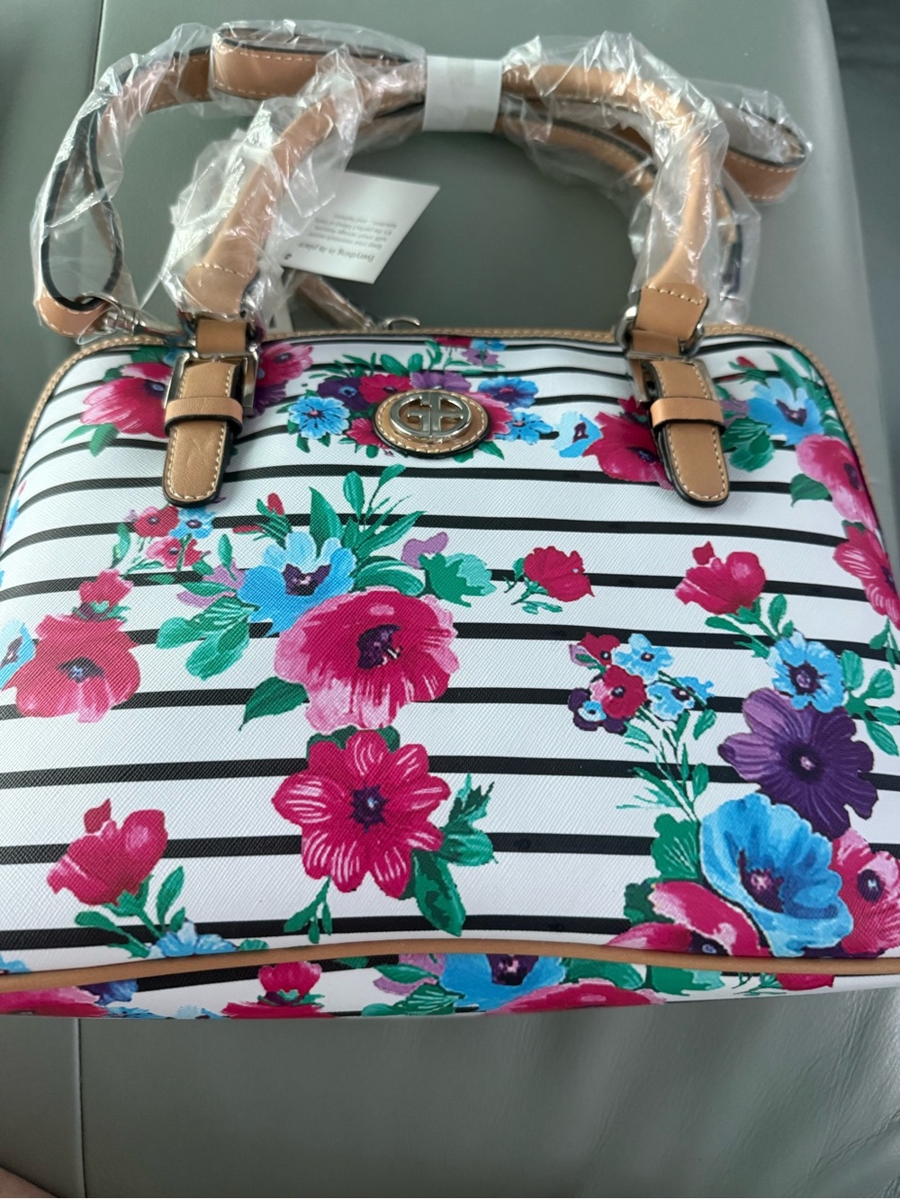 Giani Bernini Floral Stripe Satchel in White, Pink, Blue, Purple, Tan